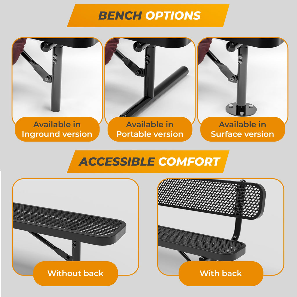 6 Ft Portable Metal Bench with Back S574