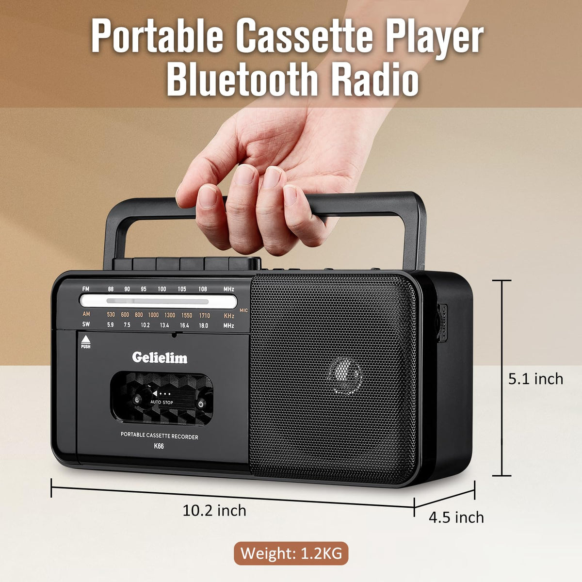 Cassette Tape Player Bluetooth Boombox AM/FM/SW Radio Stereo D2418