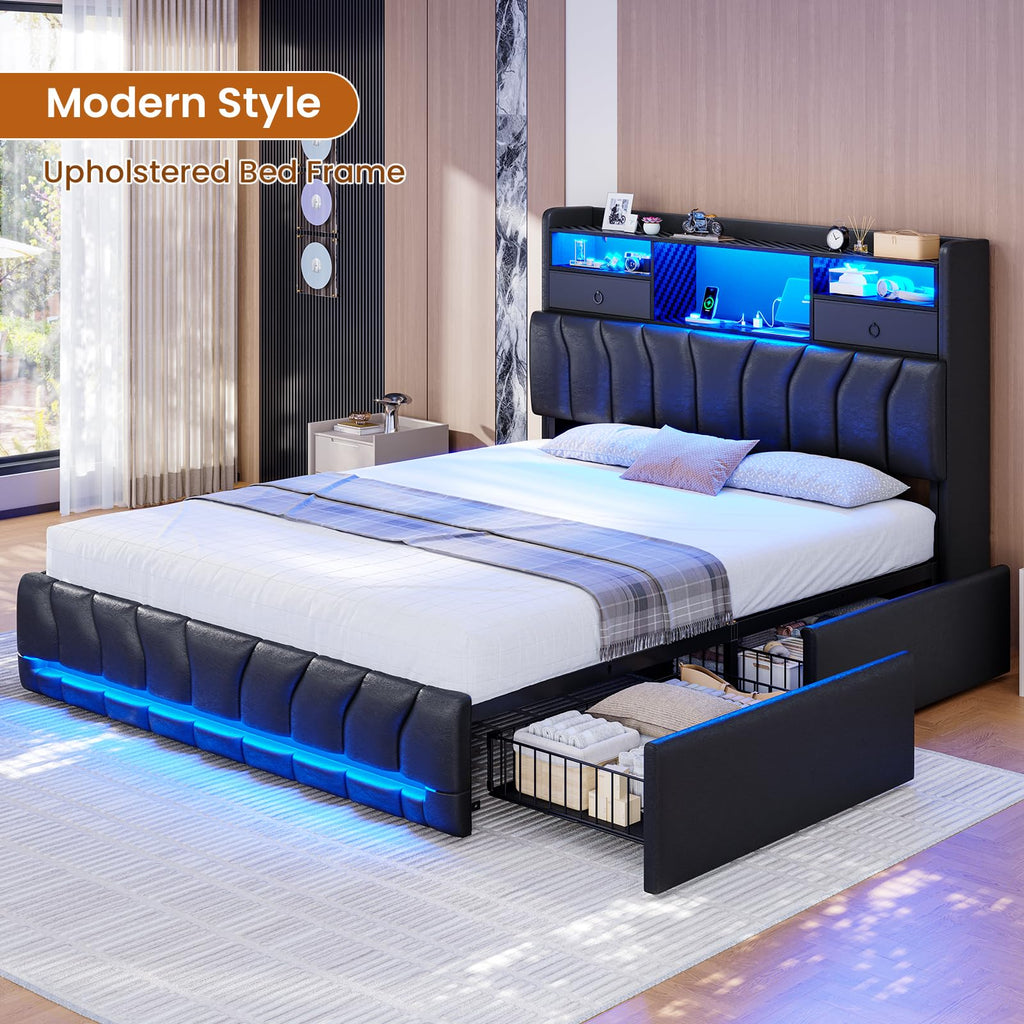 Full Bed Frame with Storage Headboard and 2 Drawers, RGB Lights, Black N5271