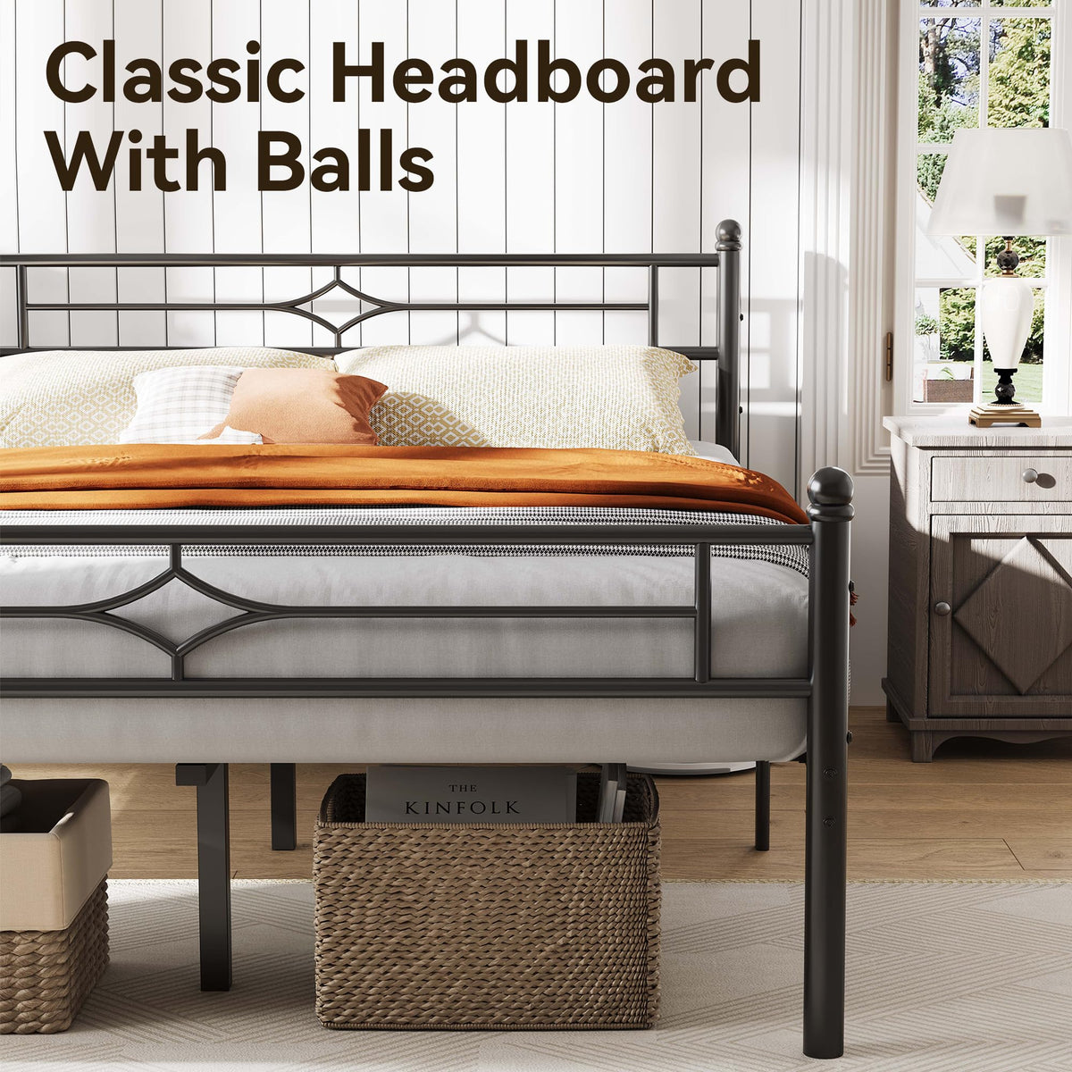 Full Size Black Metal Bed Frame with Headboard and Footboard W7671