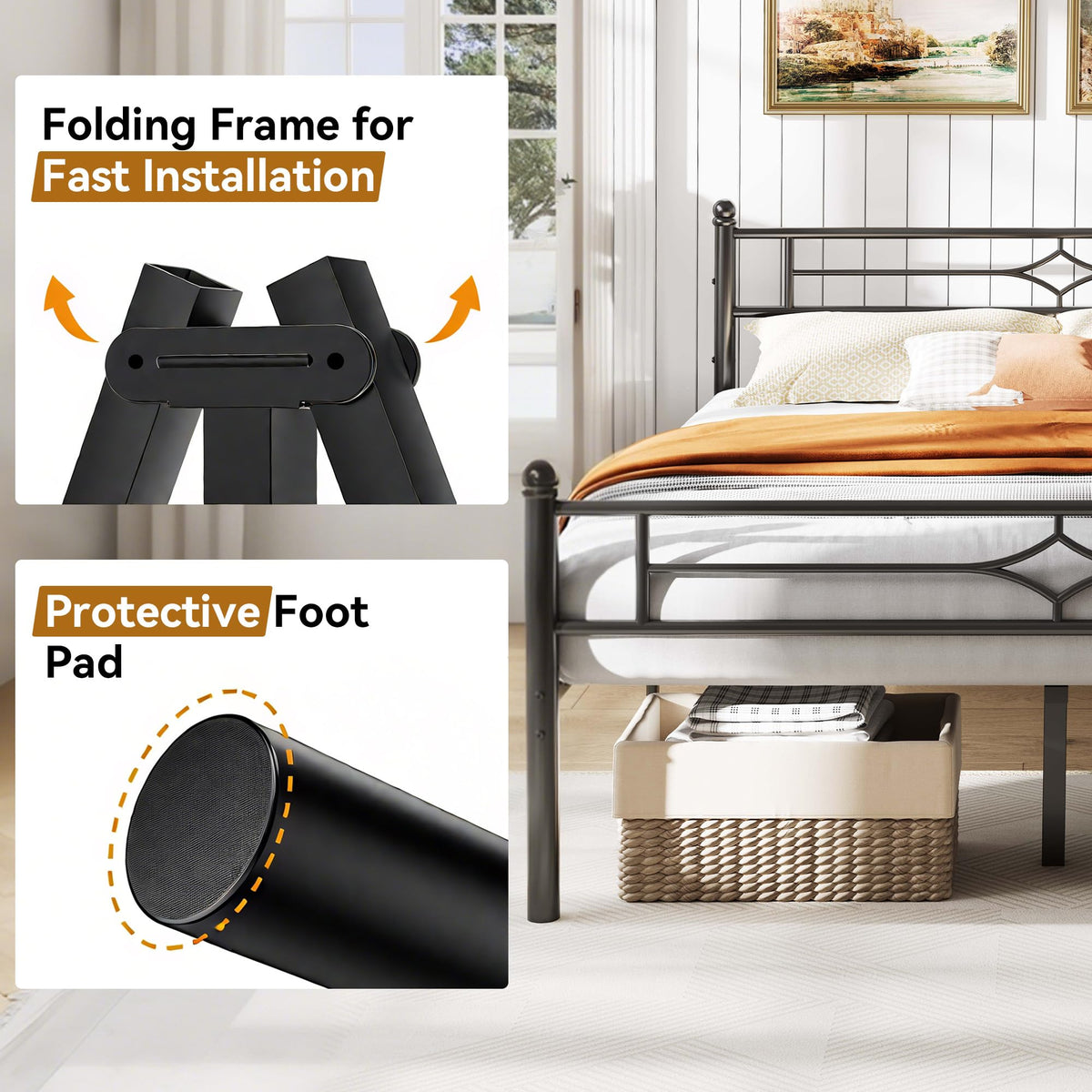 Full Size Black Metal Bed Frame with Headboard and Footboard W7671