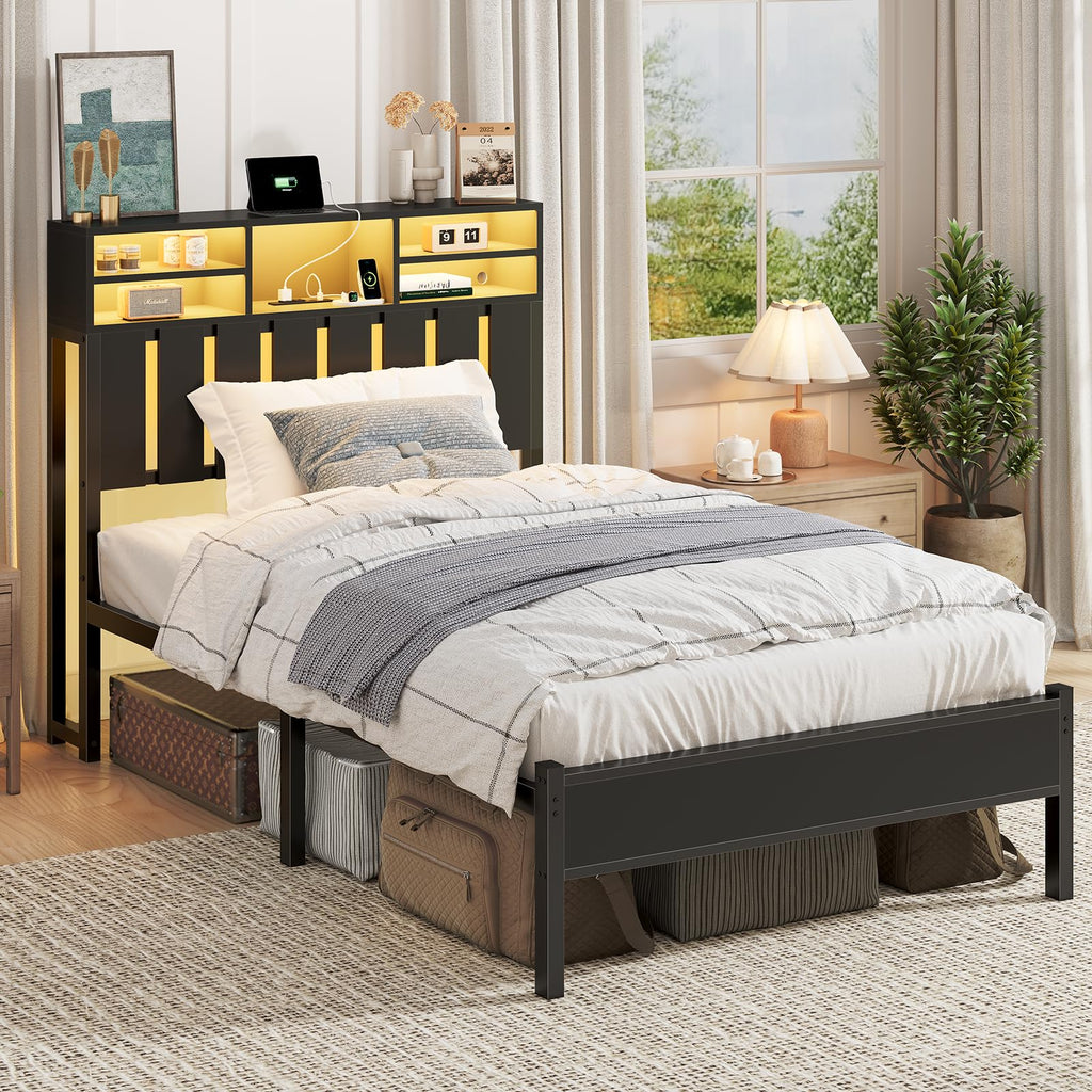 Twin Size Bed Frame with Storage Headboard and LED Lights M610