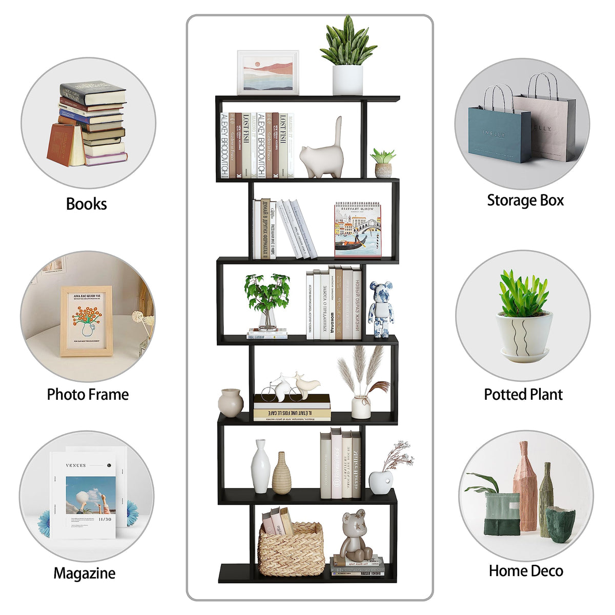6-Tier Geometric S Shaped Wood Bookshelf V84453