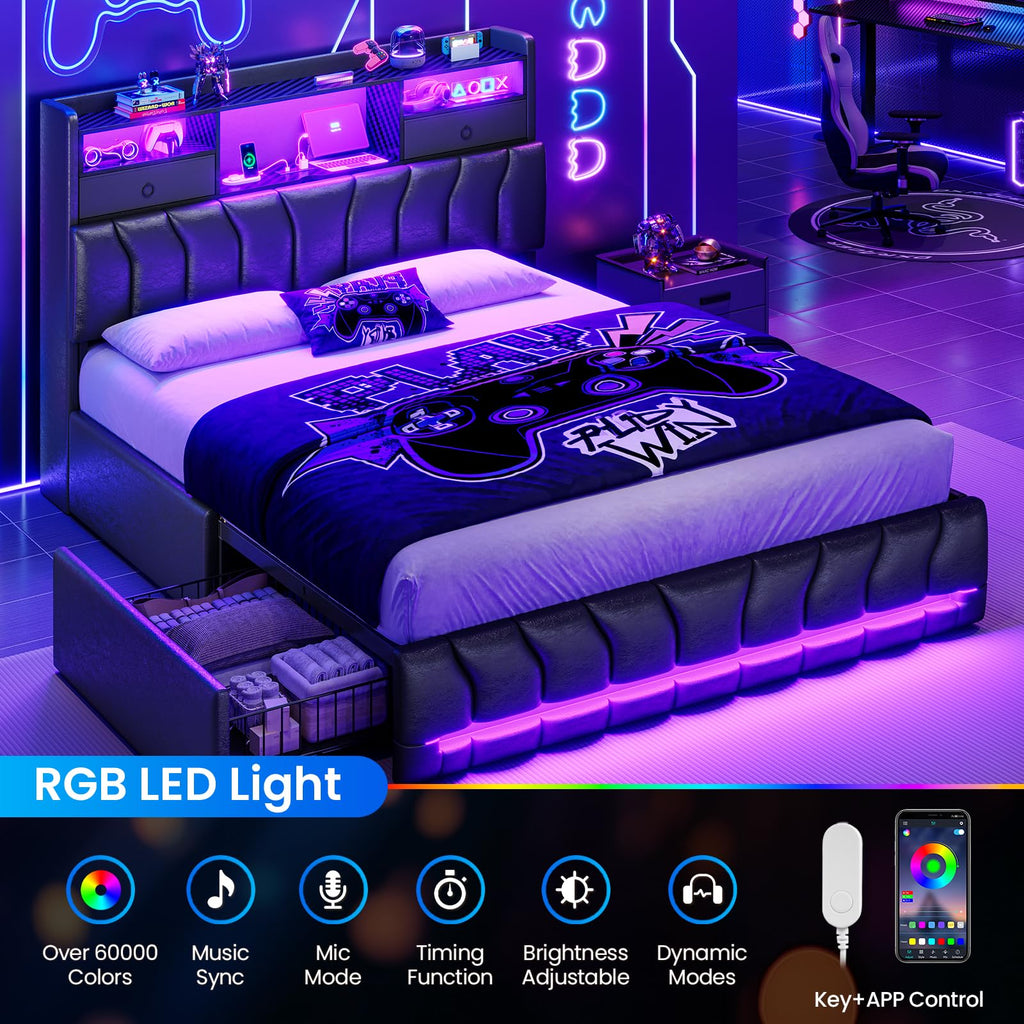 Full Bed Frame with Storage Headboard and 2 Drawers, RGB Lights, Black N5271