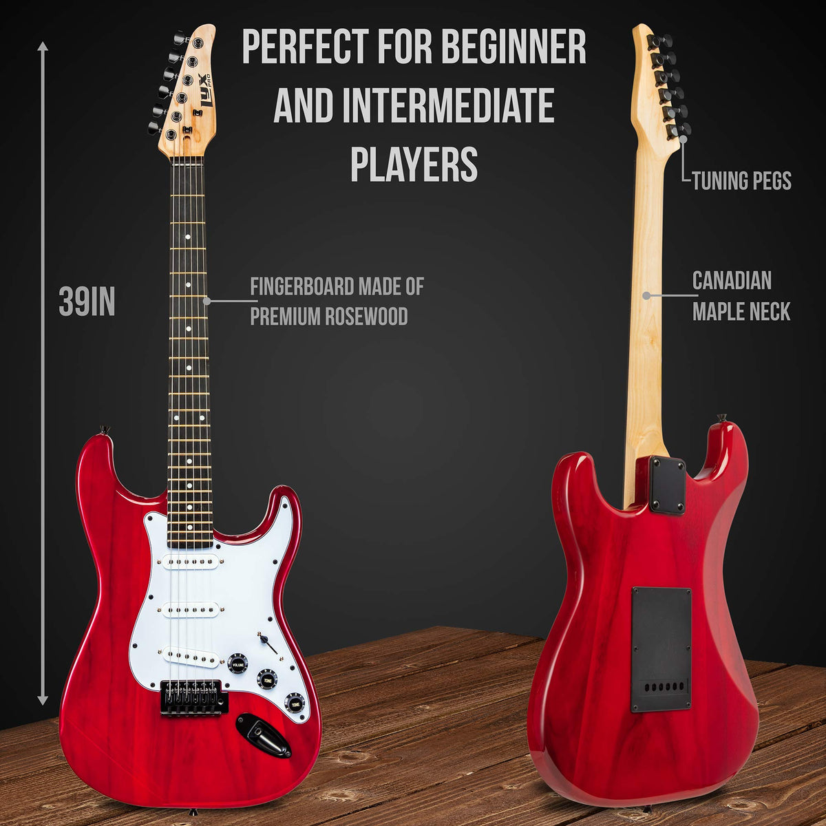 39” Electric Guitar Kit with Amp Cable, 6 Picks, Solid Wood Body, Red Z446