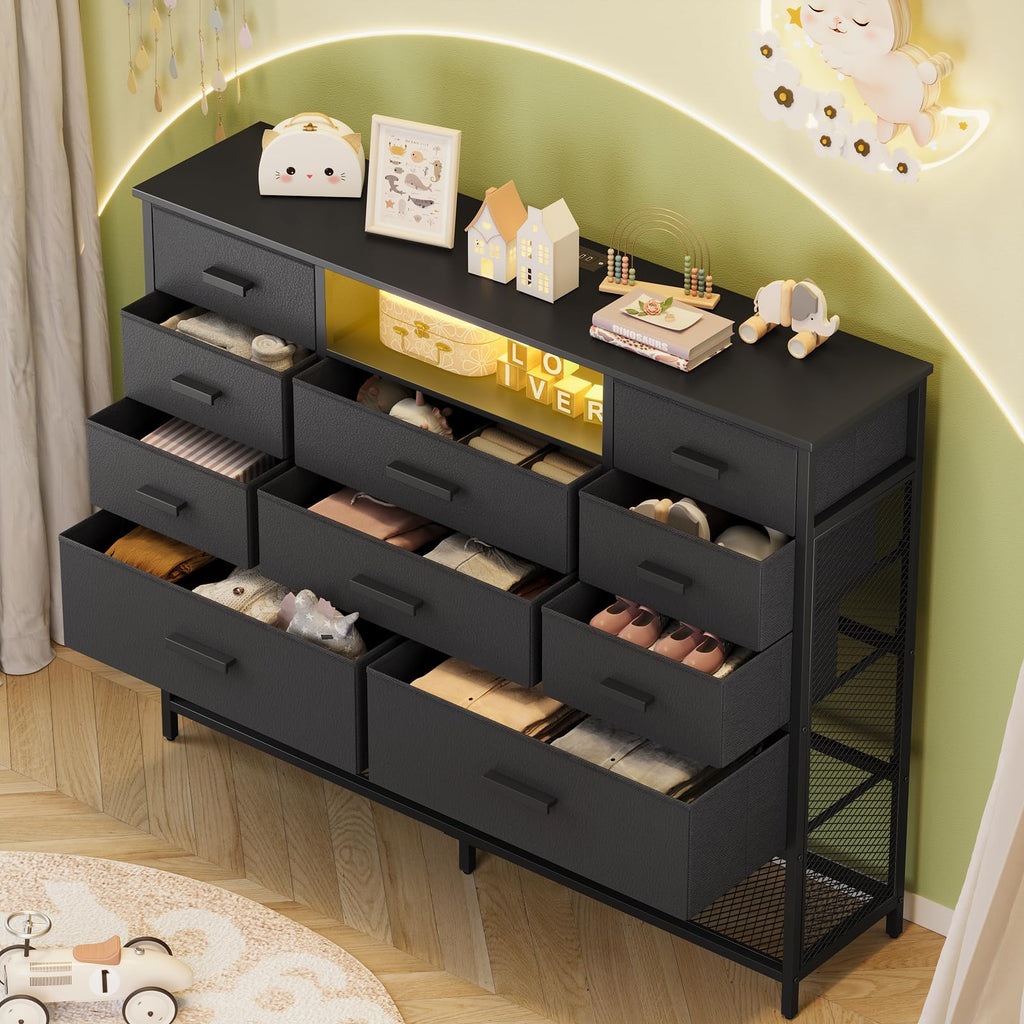 Black 10 Drawer Dresser with Charging Station and LED Light N849023
